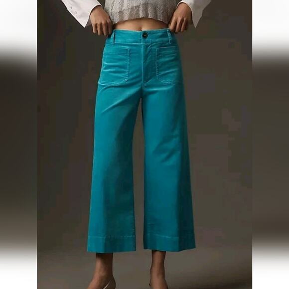 AnthropologieThe Colette Crop Wide Leg Corduroy Pants Jeans Turquoise Sz 23 - Picture 4 of 9